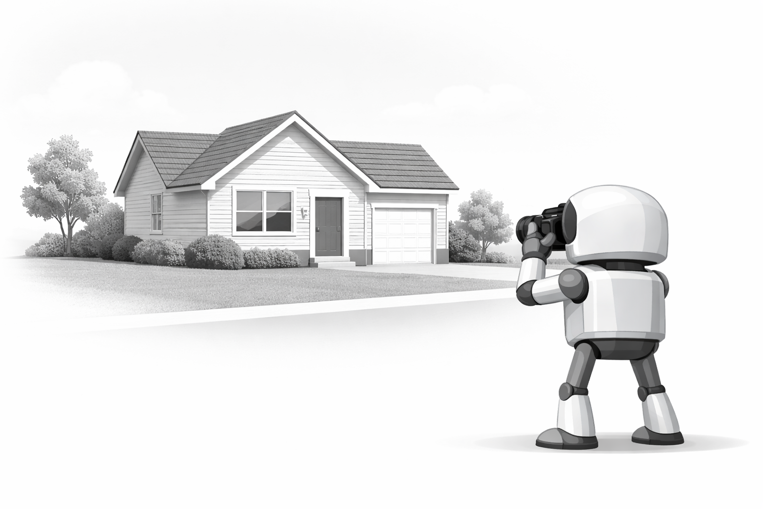 A robot taking a picture of a house.